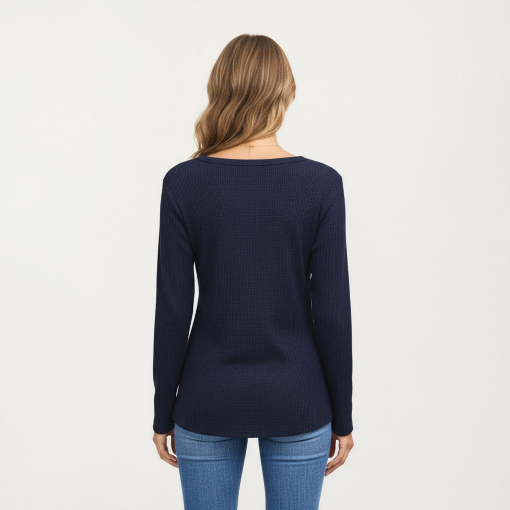 Anna-Kaci Women's Long Sleeve Waffle Knit Top with Notch V-Neckline and Relaxed Fit