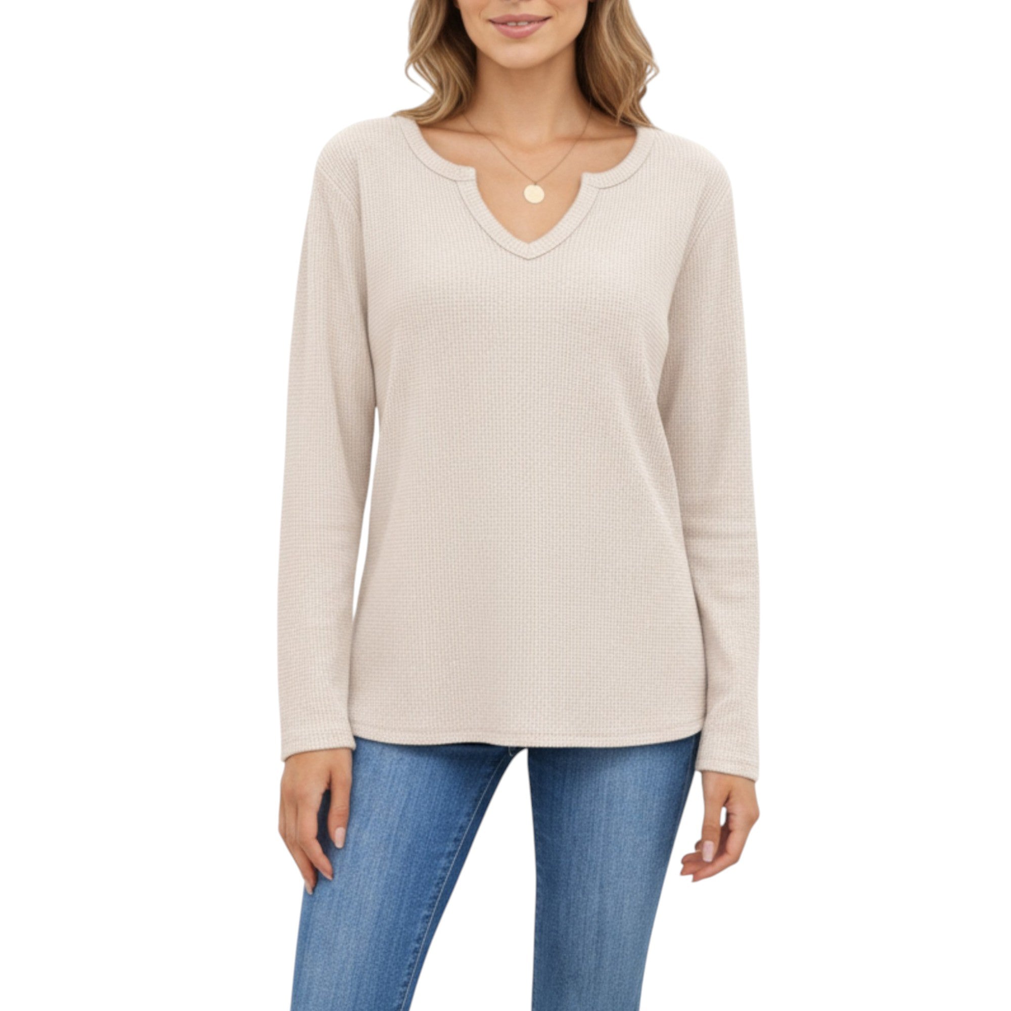Anna-Kaci Women's Long Sleeve Waffle Knit Top with Notch V-Neckline and Relaxed Fit