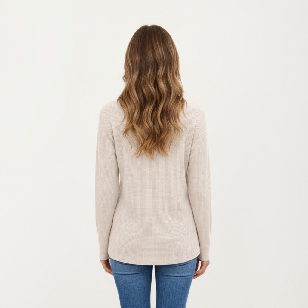Anna-Kaci Women's Long Sleeve Waffle Knit Top with Notch V-Neckline and Relaxed Fit