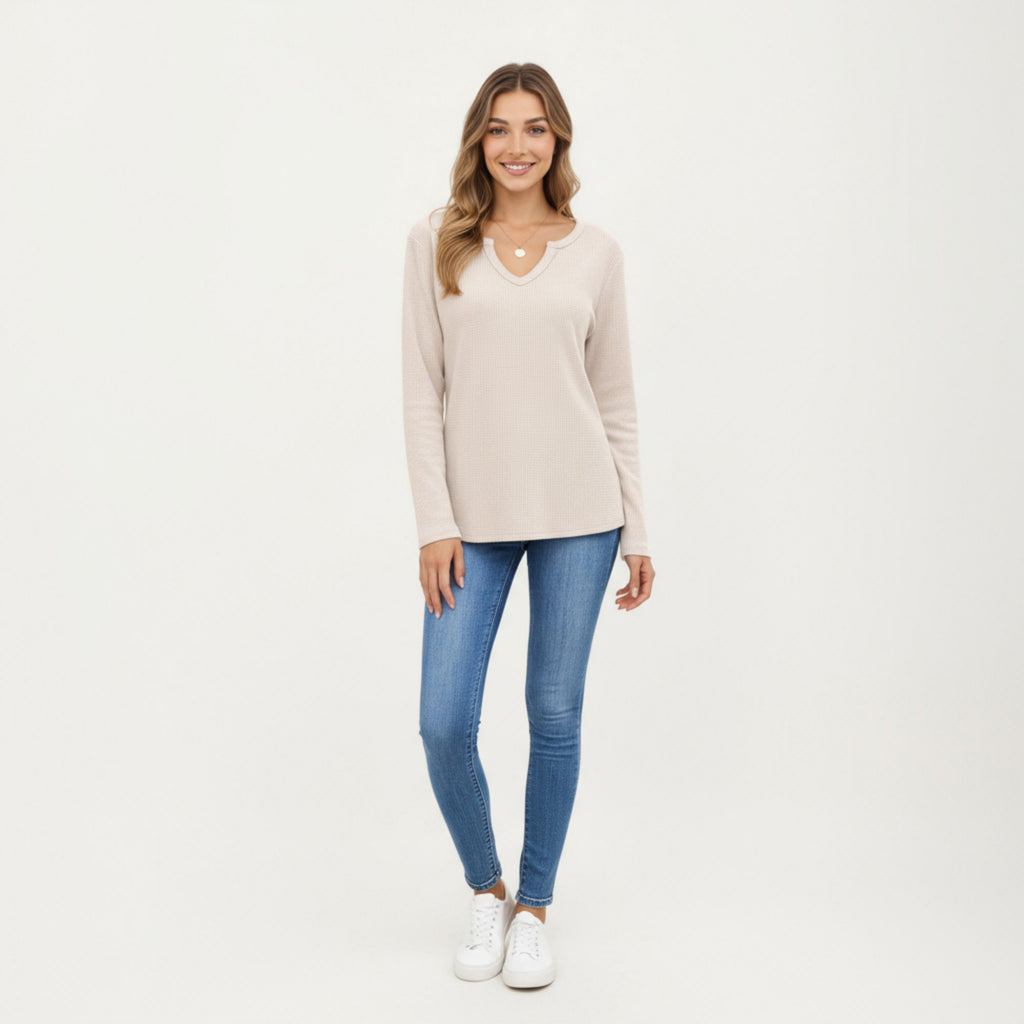 Anna-Kaci Women's Long Sleeve Waffle Knit Top with Notch V-Neckline and Relaxed Fit