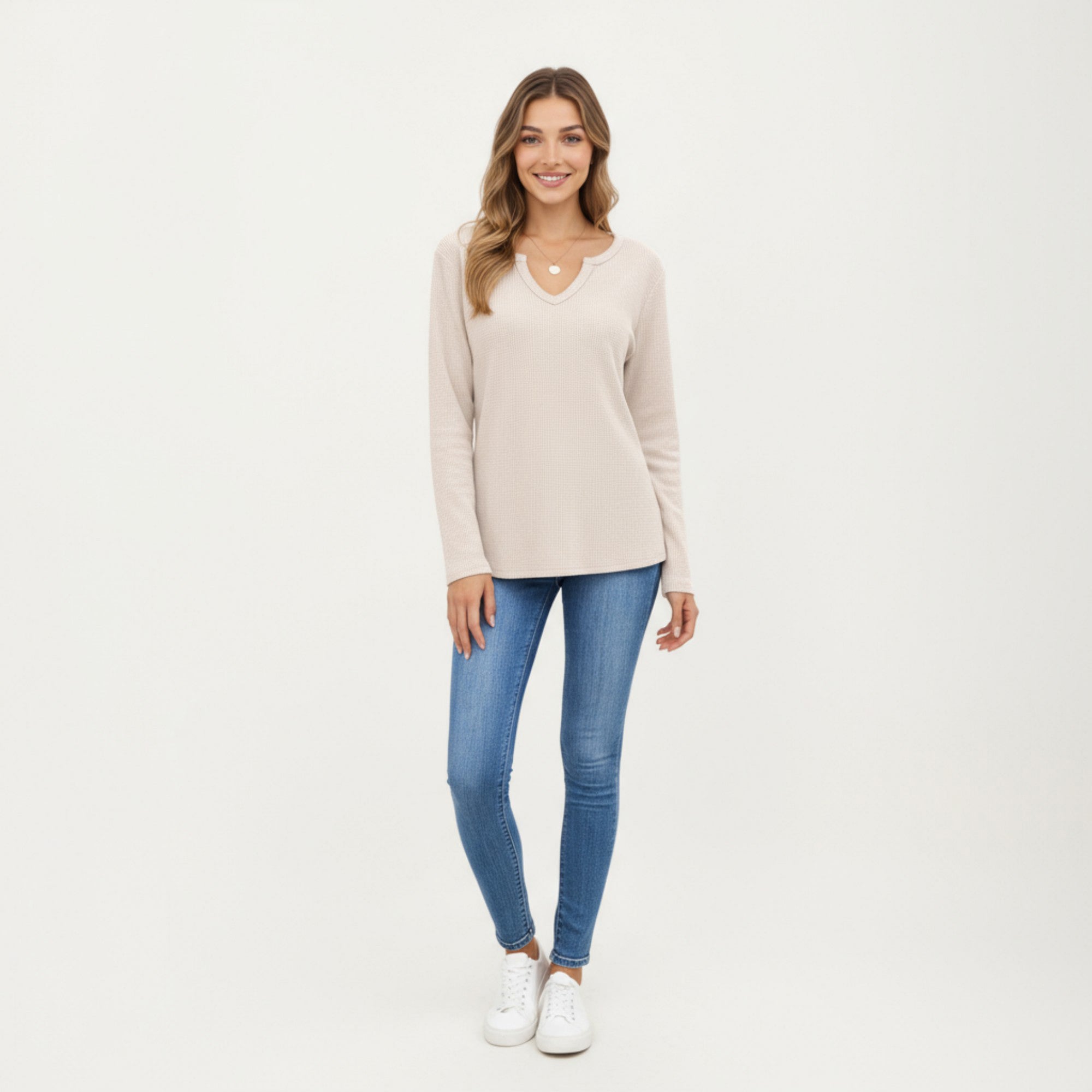 Anna-Kaci Women's Long Sleeve Waffle Knit Top with Notch V-Neckline and Relaxed Fit