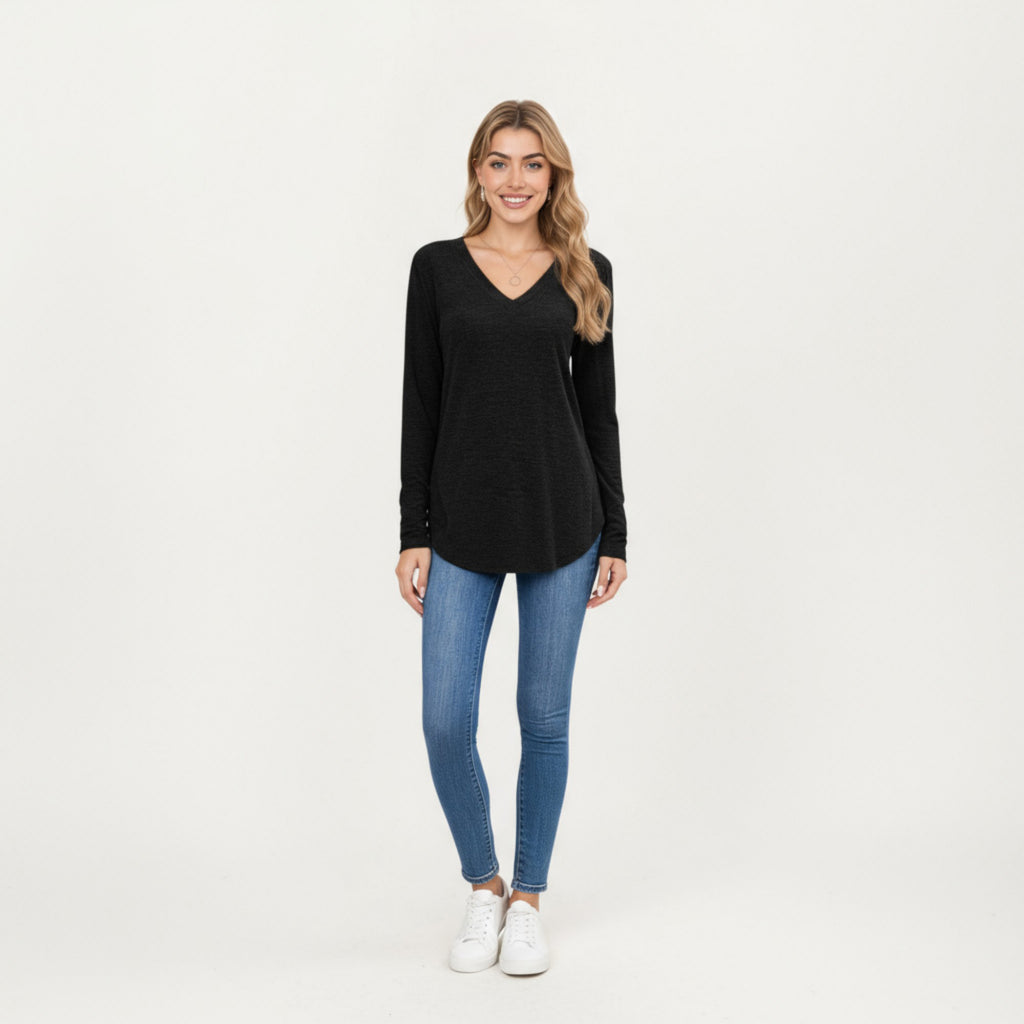 Anna-Kaci Women's Long Sleeve V-Neck Knit Top with Curved Hem and Relaxed Fit