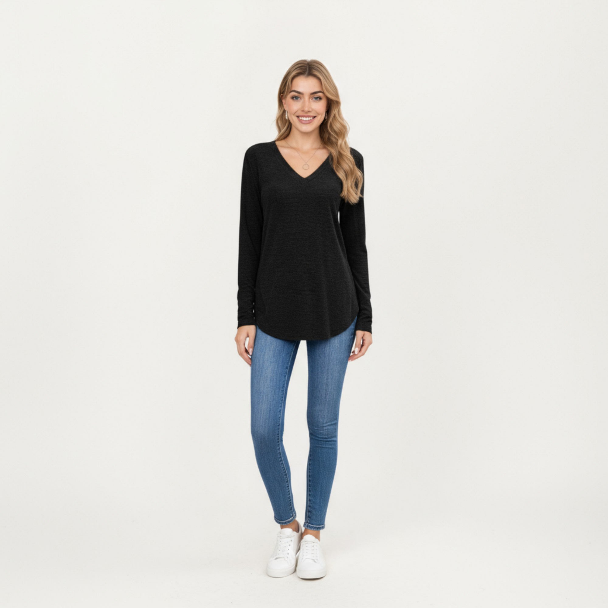 Anna-Kaci Women's Long Sleeve V-Neck Knit Top with Curved Hem and Relaxed Fit