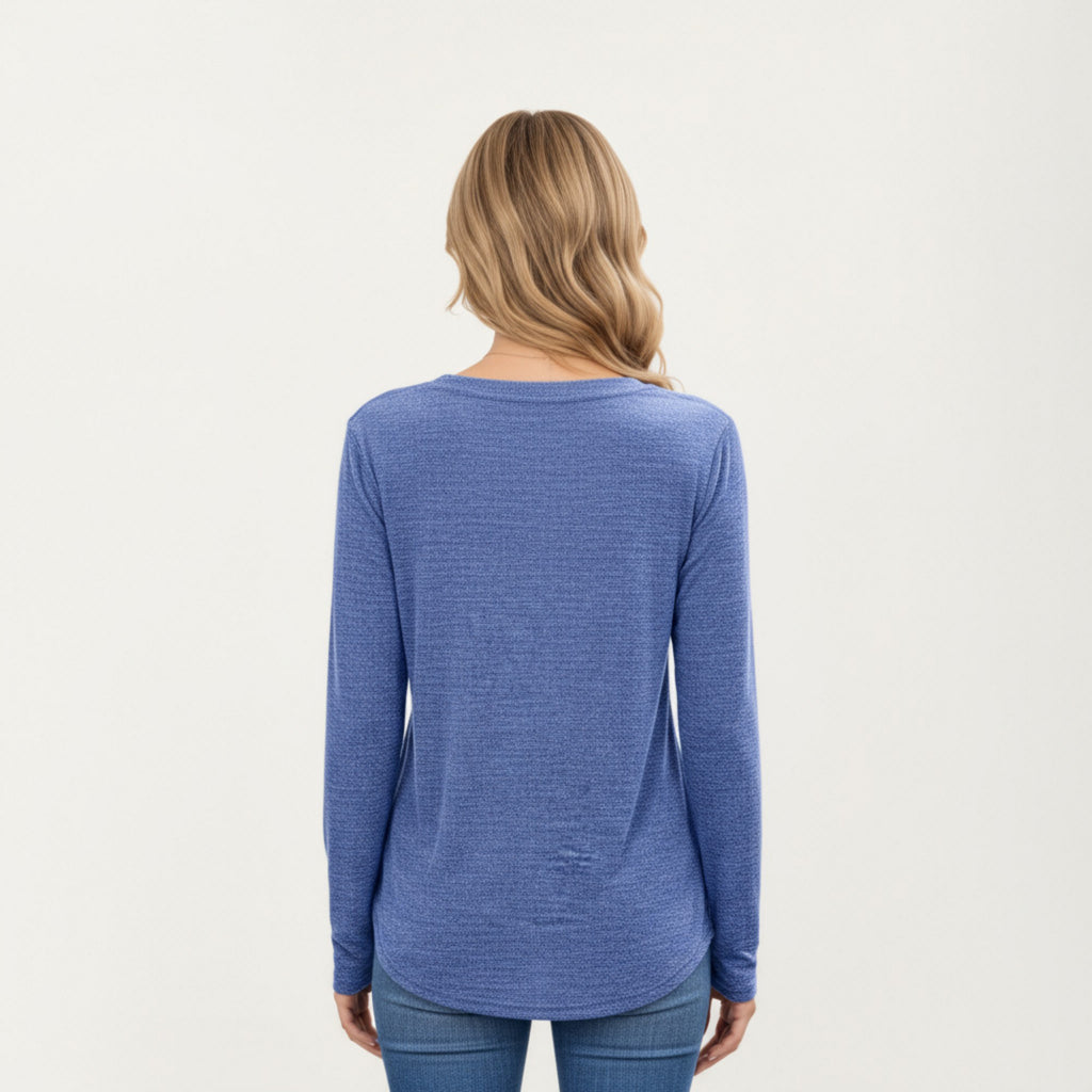 Anna-Kaci Women's Long Sleeve V-Neck Knit Top with Curved Hem and Relaxed Fit