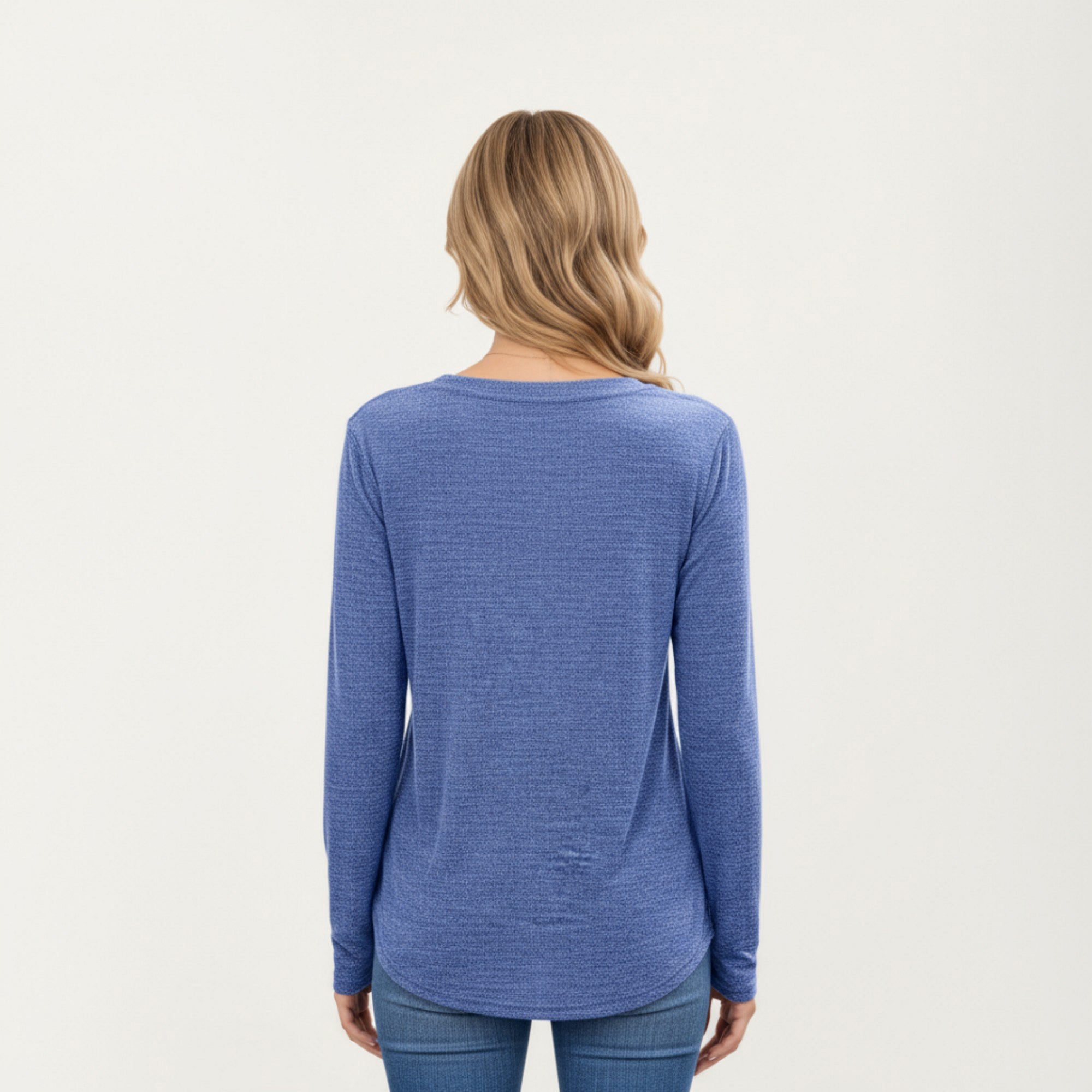 Anna-Kaci Women's Long Sleeve V-Neck Knit Top with Curved Hem and Relaxed Fit