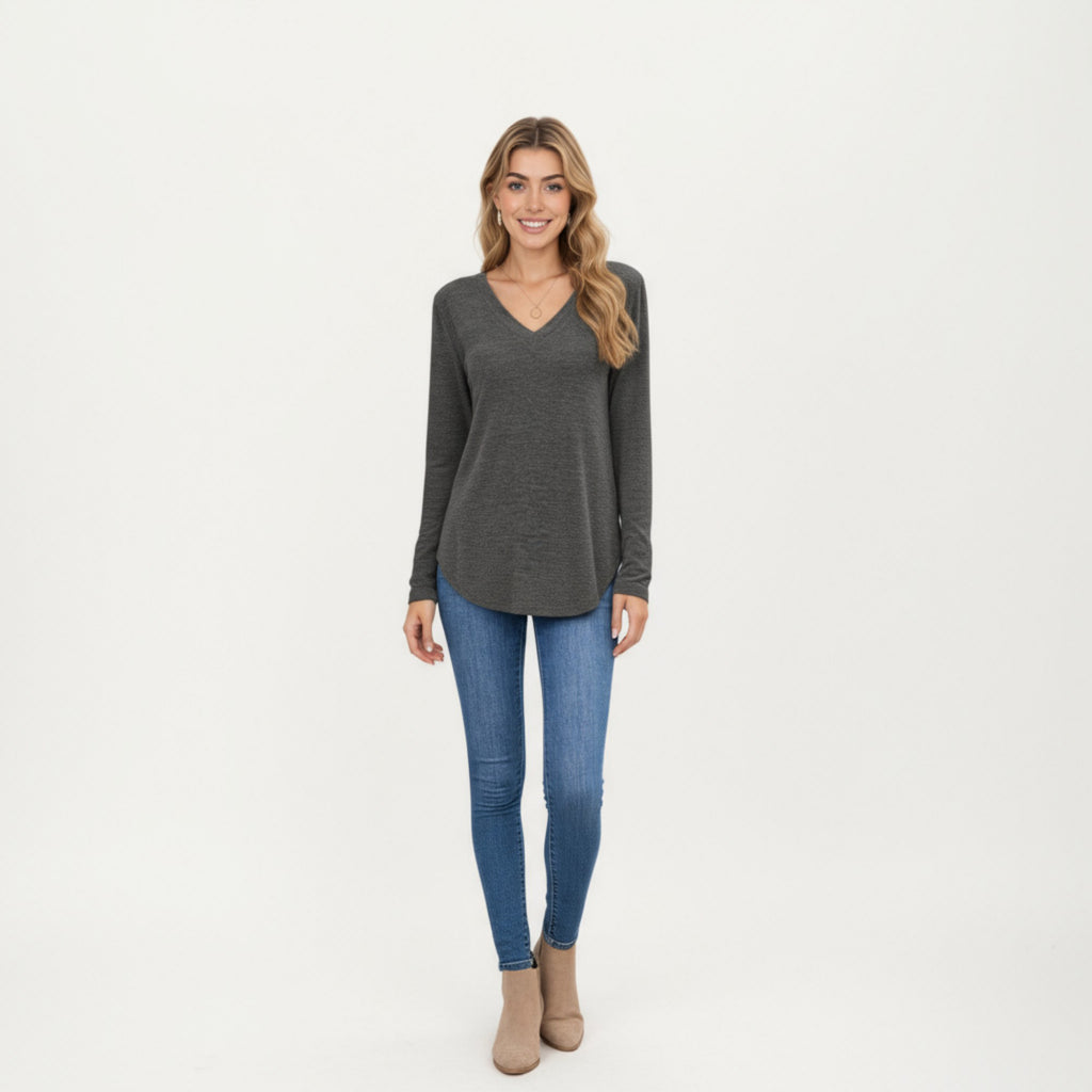 Anna-Kaci Women's Long Sleeve V-Neck Knit Top with Curved Hem and Relaxed Fit