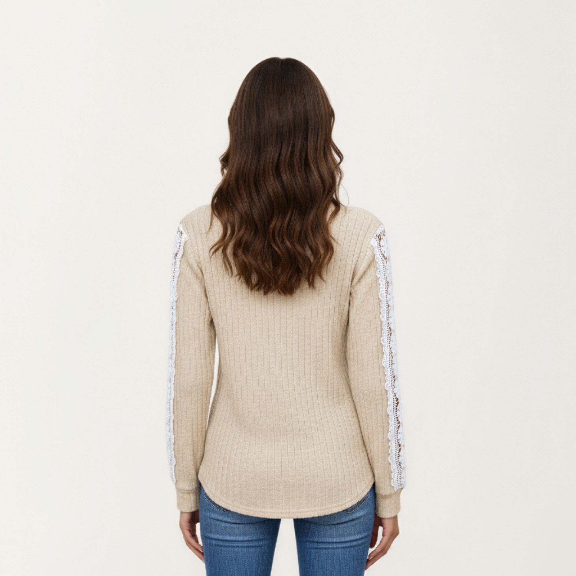 Anna-Kaci Women's Long Sleeve V-Neck Knit Top with Lace Trim Detailing on Sleeves