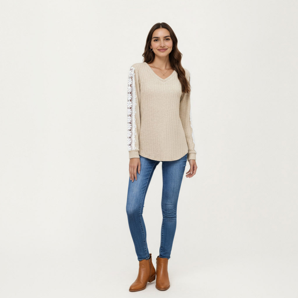 Anna-Kaci Women's Long Sleeve V-Neck Knit Top with Lace Trim Detailing on Sleeves