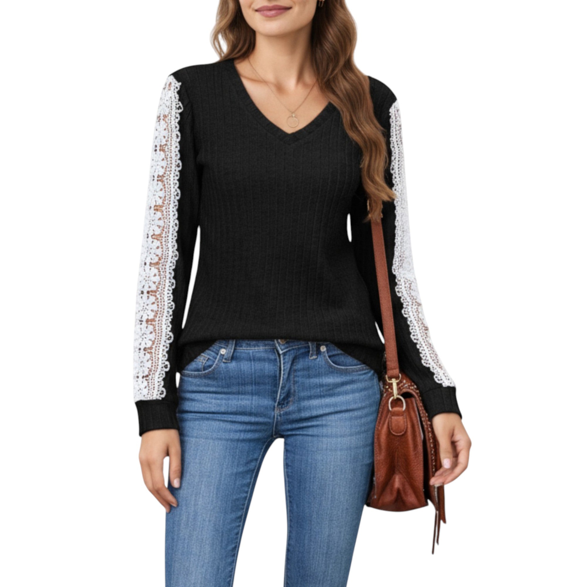 Anna-Kaci Women's Long Sleeve V-Neck Knit Top with Lace Trim Detailing on Sleeves