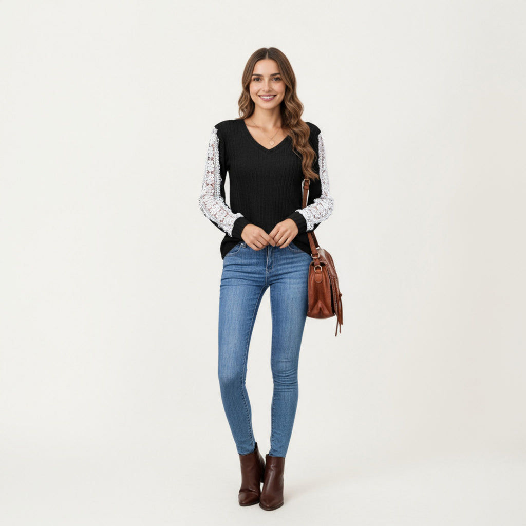 Anna-Kaci Women's Long Sleeve V-Neck Knit Top with Lace Trim Detailing on Sleeves