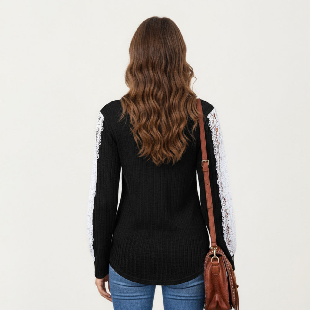 Anna-Kaci Women's Long Sleeve V-Neck Knit Top with Lace Trim Detailing on Sleeves