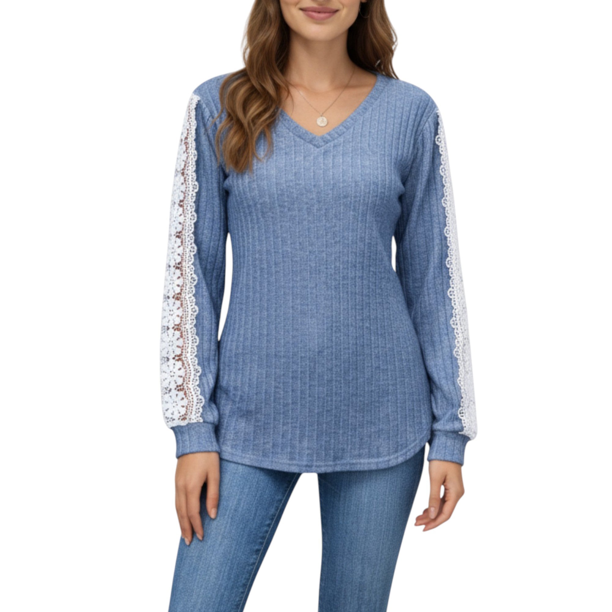 Anna-Kaci Women's Long Sleeve V-Neck Knit Top with Lace Trim Detailing on Sleeves