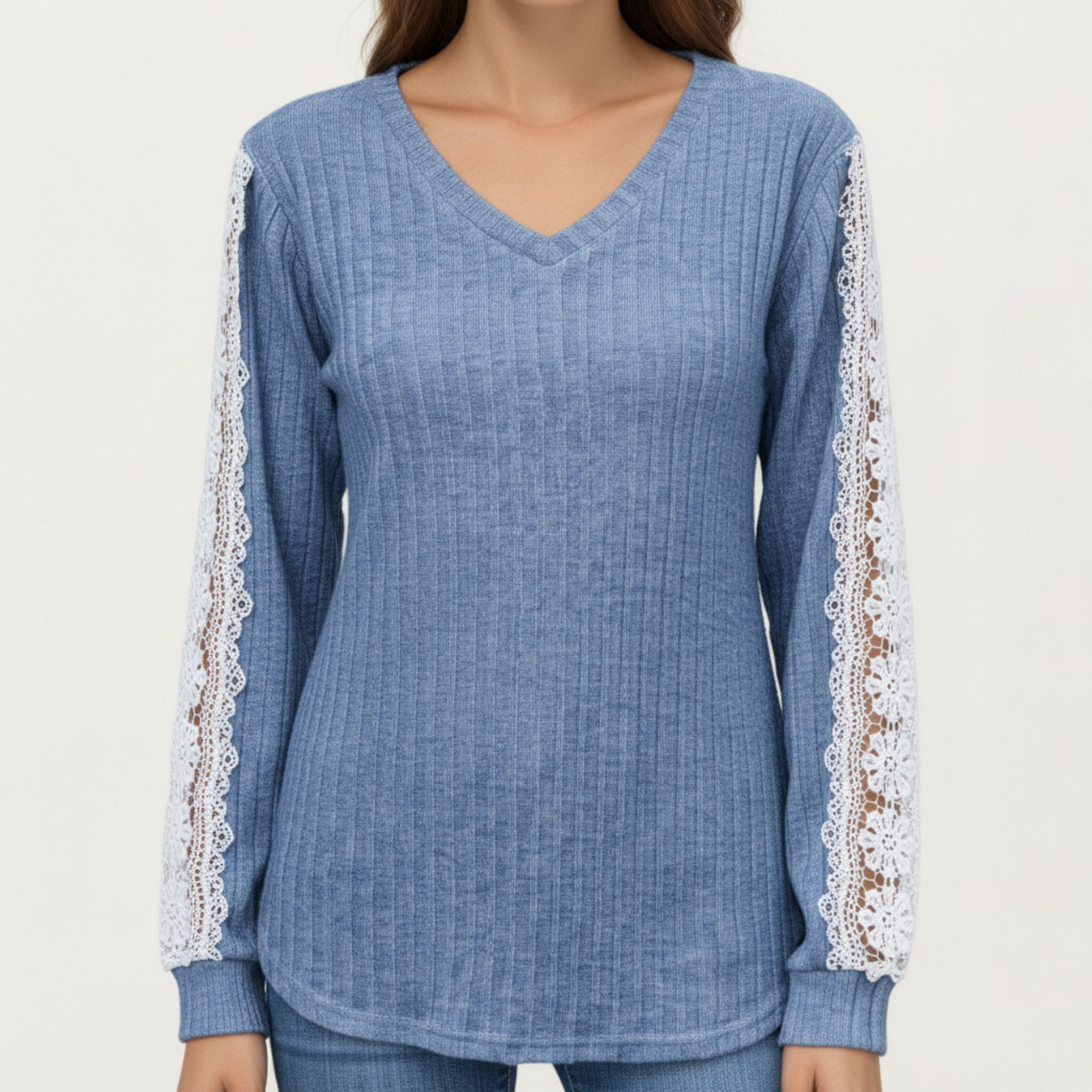 Anna-Kaci Women's Long Sleeve V-Neck Knit Top with Lace Trim Detailing on Sleeves
