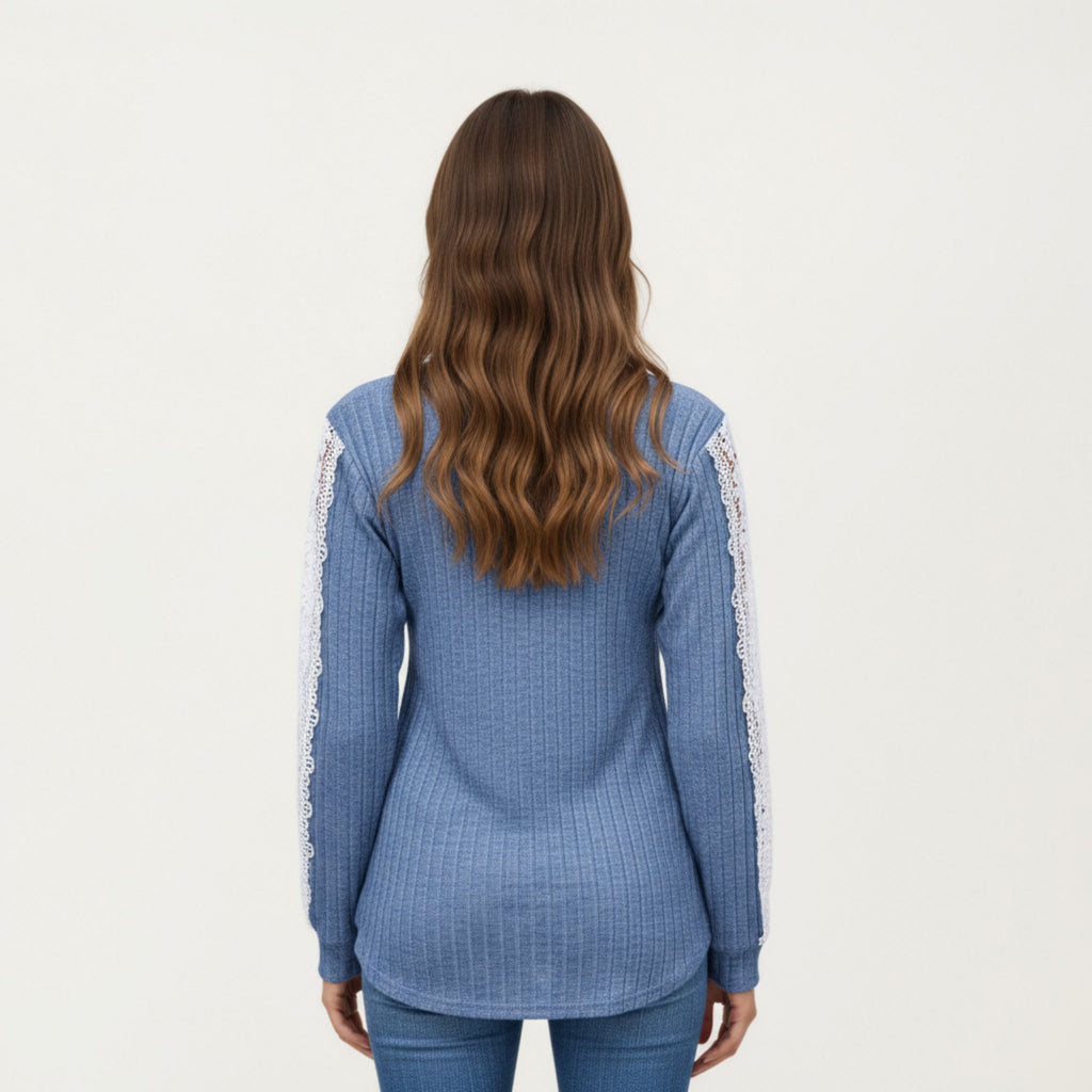 Anna-Kaci Women's Long Sleeve V-Neck Knit Top with Lace Trim Detailing on Sleeves