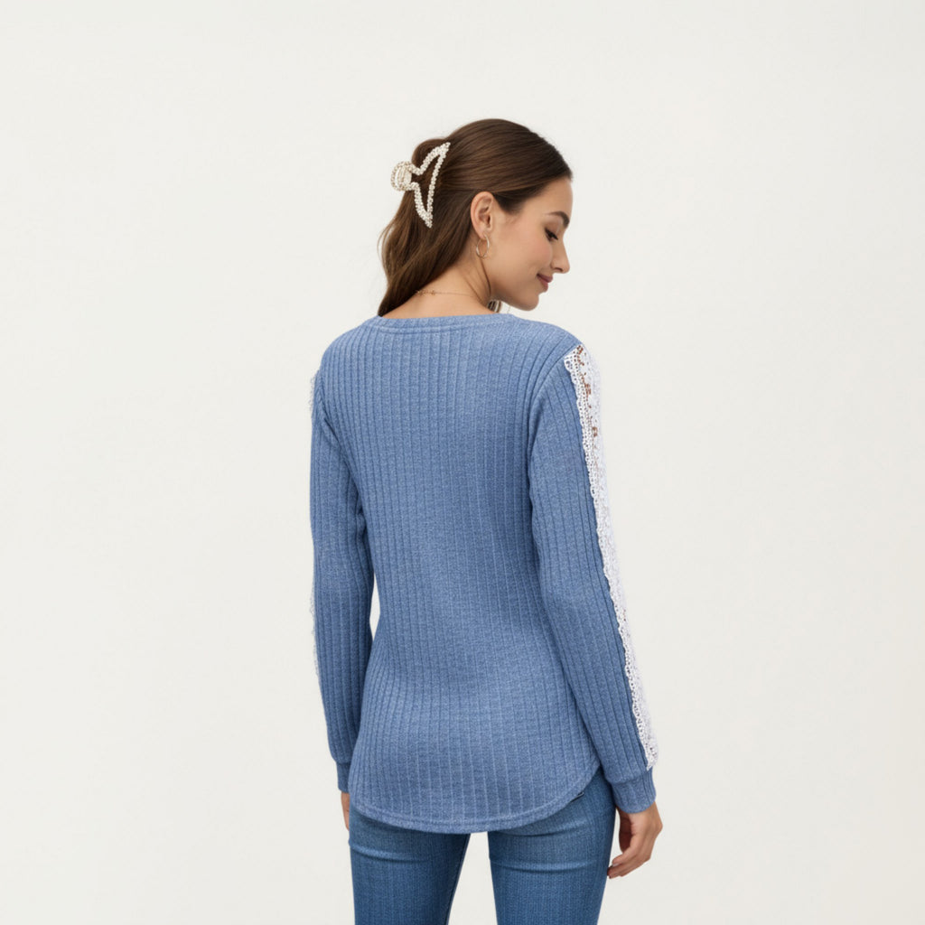 Anna-Kaci Women's Long Sleeve V-Neck Knit Top with Lace Trim Detailing on Sleeves