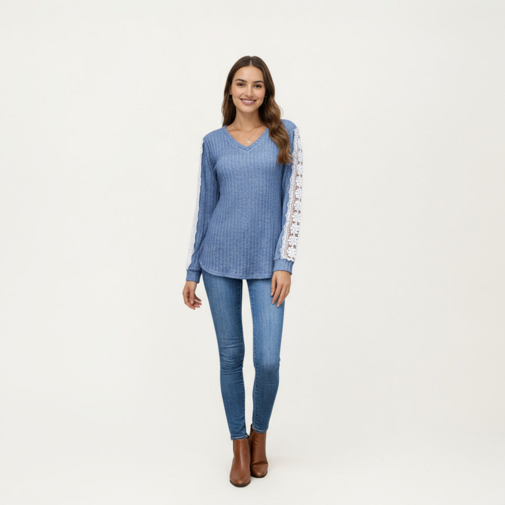 Anna-Kaci Women's Long Sleeve V-Neck Knit Top with Lace Trim Detailing on Sleeves