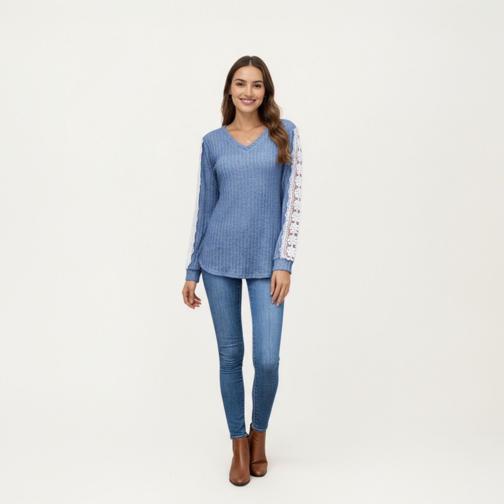 Anna-Kaci Women's Long Sleeve V-Neck Knit Top with Lace Trim Detailing on Sleeves