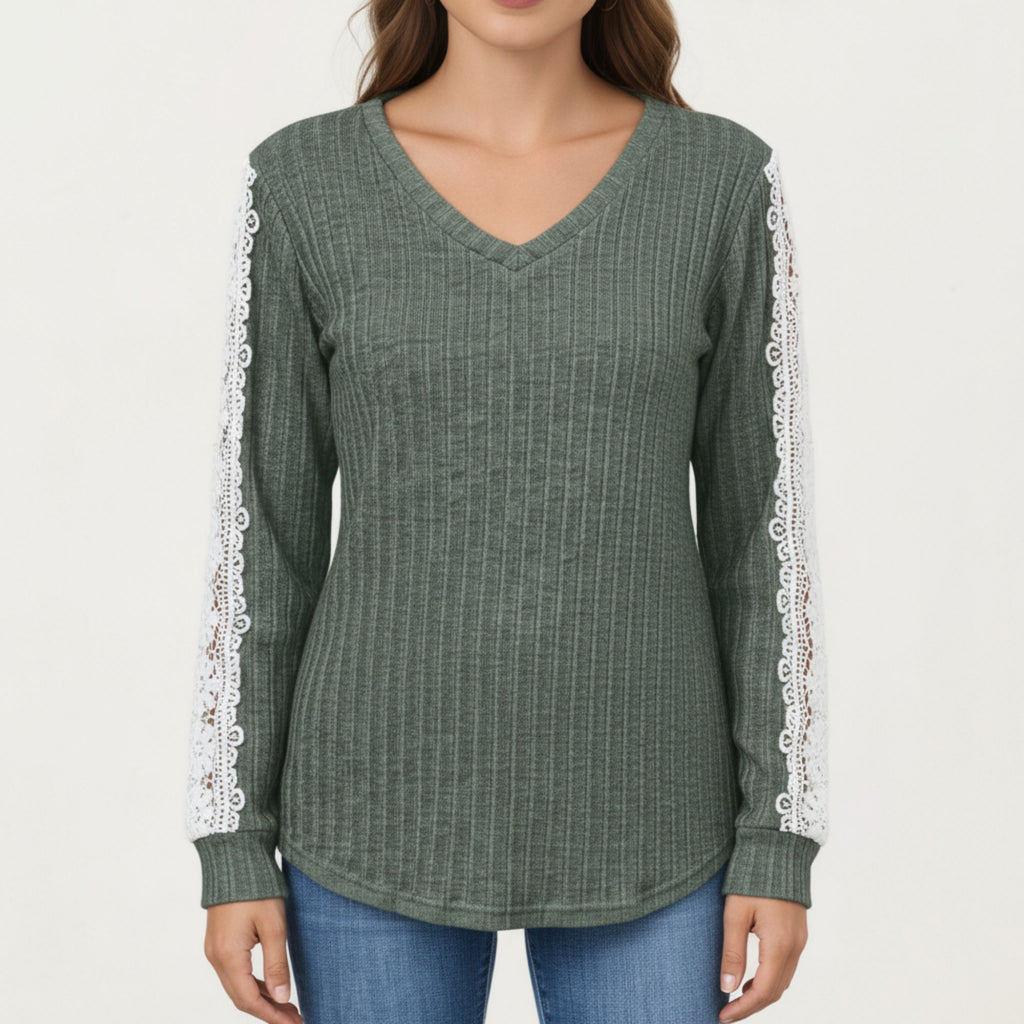 Anna-Kaci Women's Long Sleeve V-Neck Knit Top with Lace Trim Detailing on Sleeves