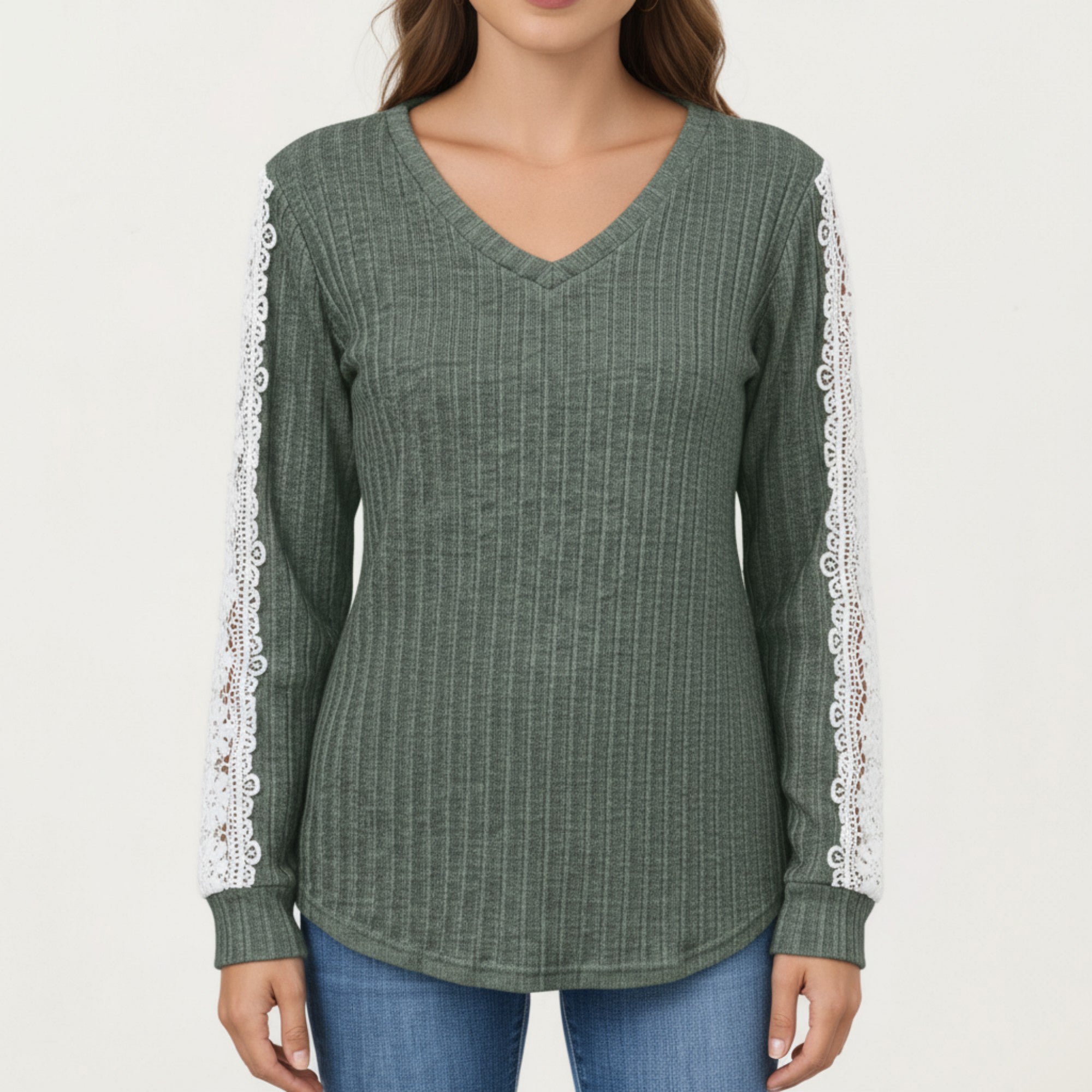Anna-Kaci Women's Long Sleeve V-Neck Knit Top with Lace Trim Detailing on Sleeves
