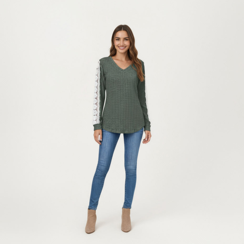 Anna-Kaci Women's Long Sleeve V-Neck Knit Top with Lace Trim Detailing on Sleeves