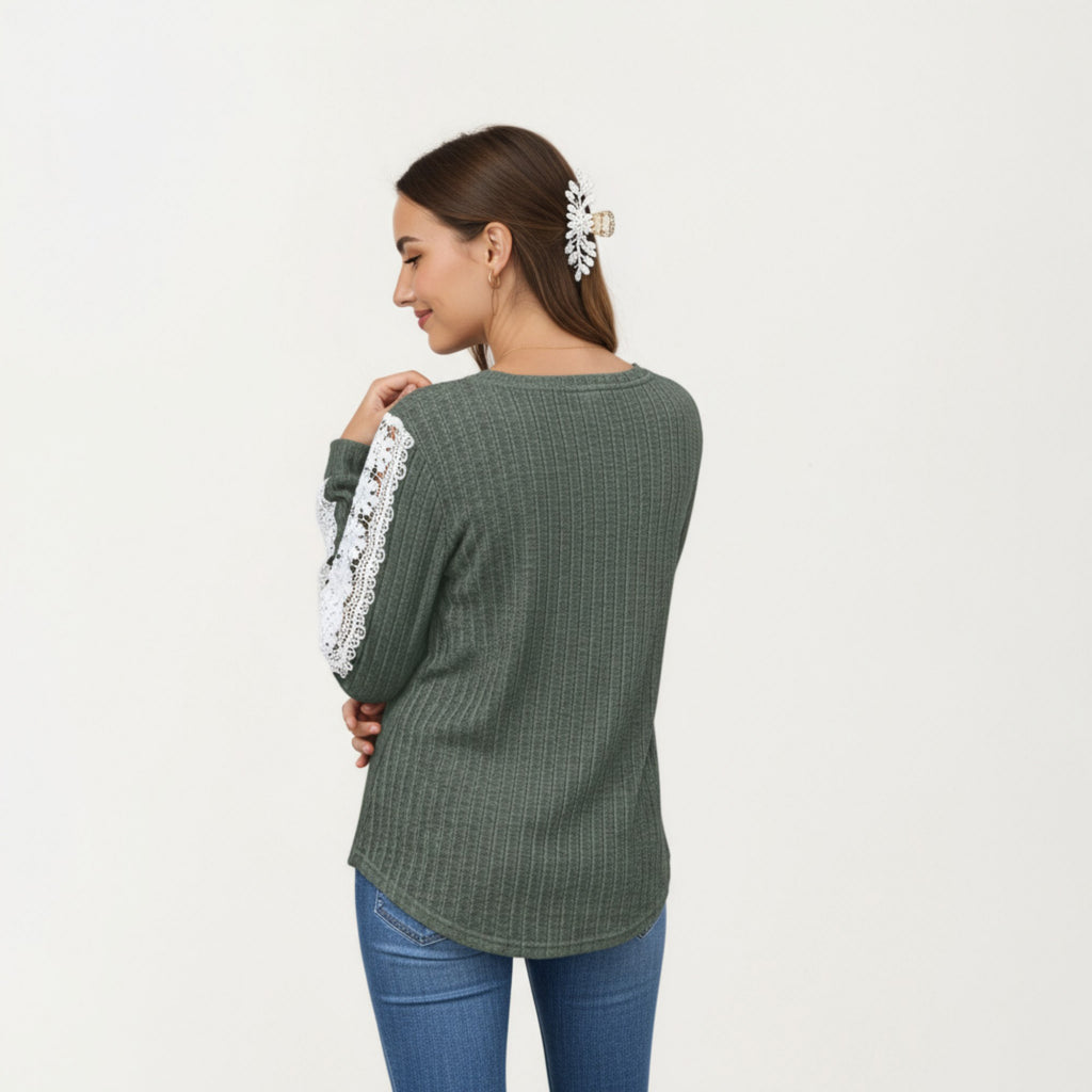 Anna-Kaci Women's Long Sleeve V-Neck Knit Top with Lace Trim Detailing on Sleeves