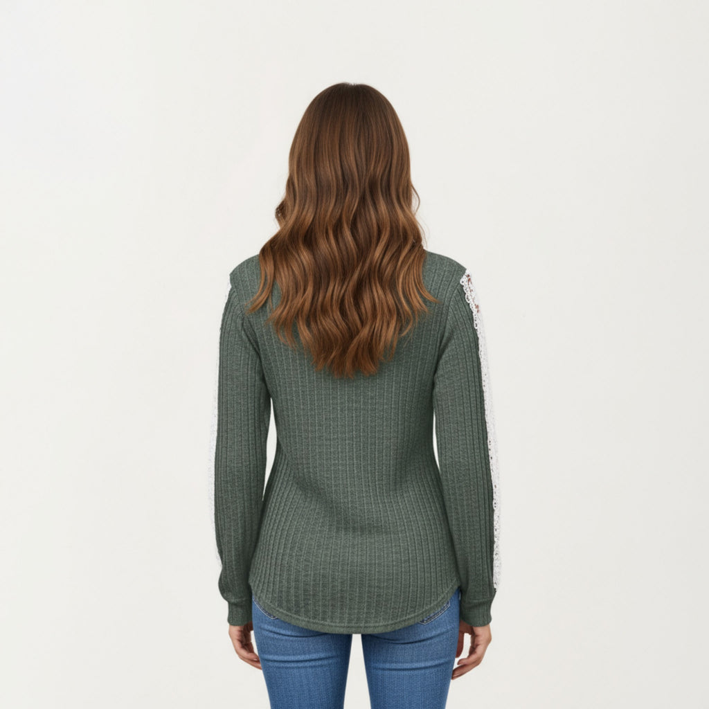 Anna-Kaci Women's Long Sleeve V-Neck Knit Top with Lace Trim Detailing on Sleeves