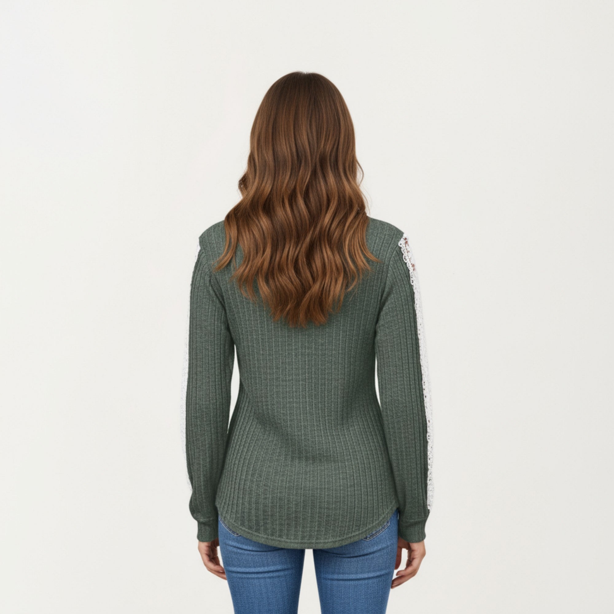 Anna-Kaci Women's Long Sleeve V-Neck Knit Top with Lace Trim Detailing on Sleeves