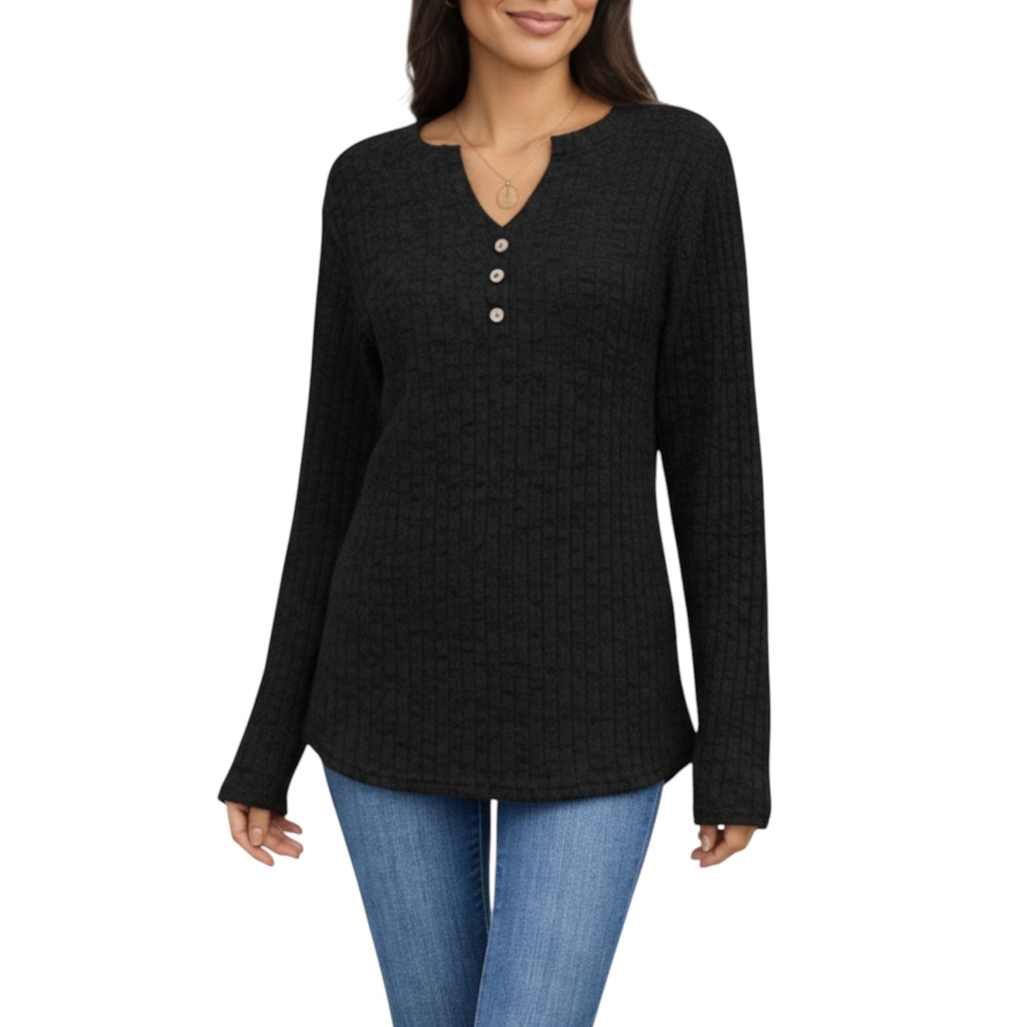 Anna-Kaci Women's Long Sleeve Ribbed Knit Top with Button Front Detail and Curved Hem
