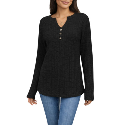 Anna-Kaci Women's Long Sleeve Ribbed Knit Top with Button Front Detail and Curved Hem