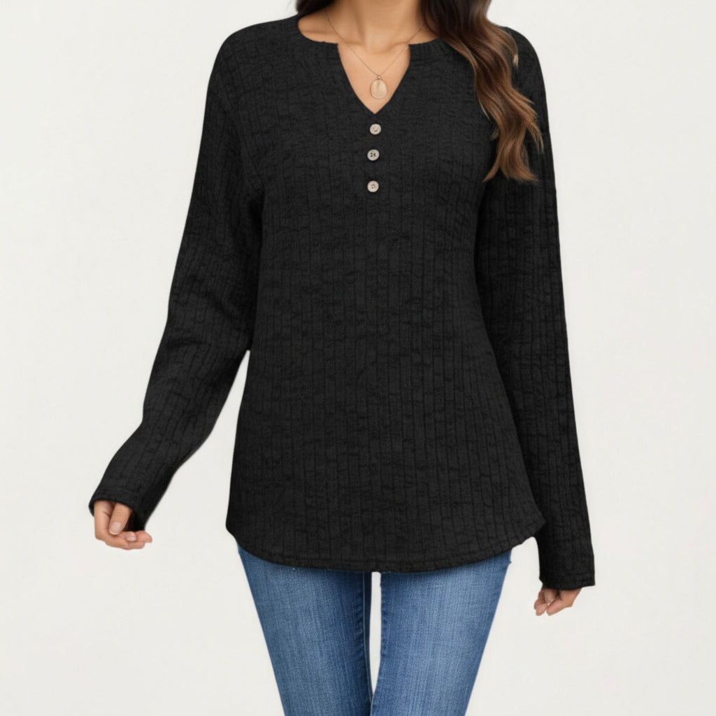 Anna-Kaci Women's Long Sleeve Ribbed Knit Top with Button Front Detail and Curved Hem