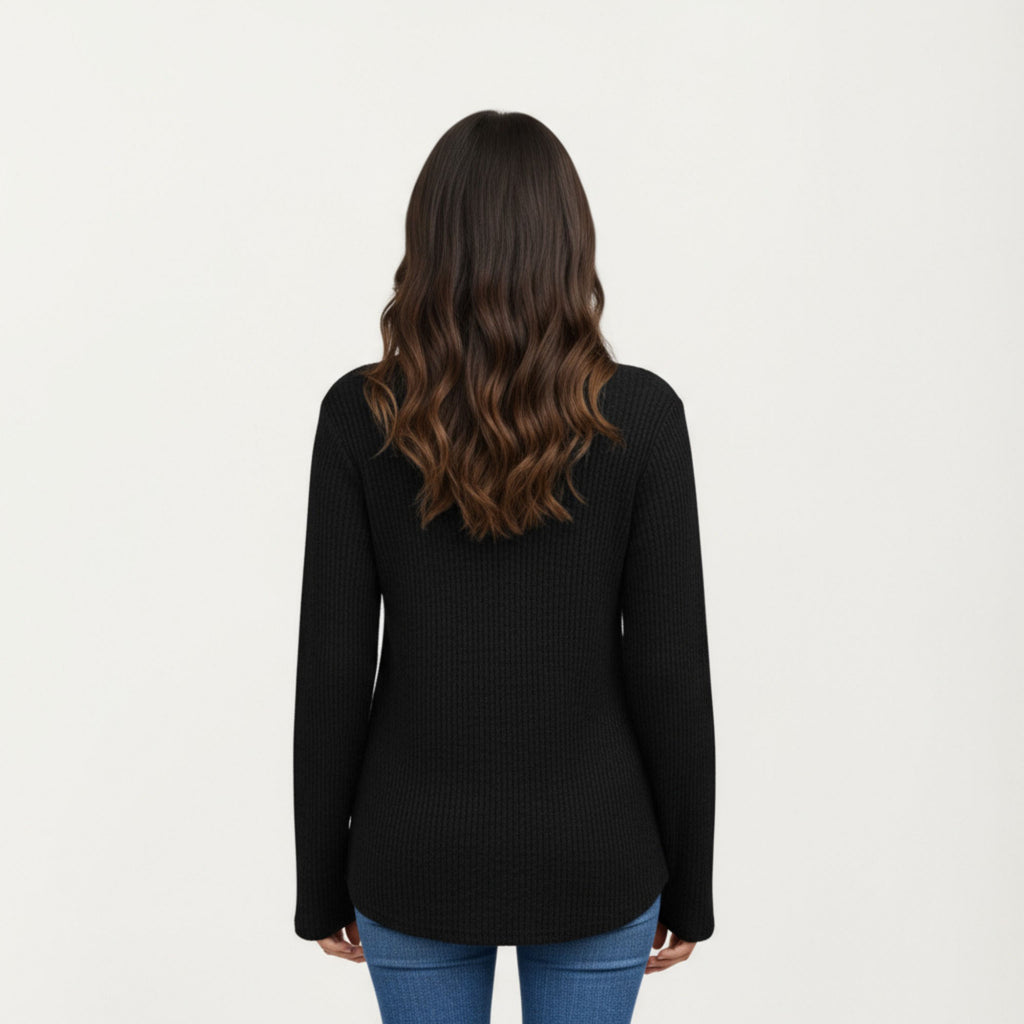 Anna-Kaci Women's Long Sleeve Ribbed Knit Top with Button Front Detail and Curved Hem
