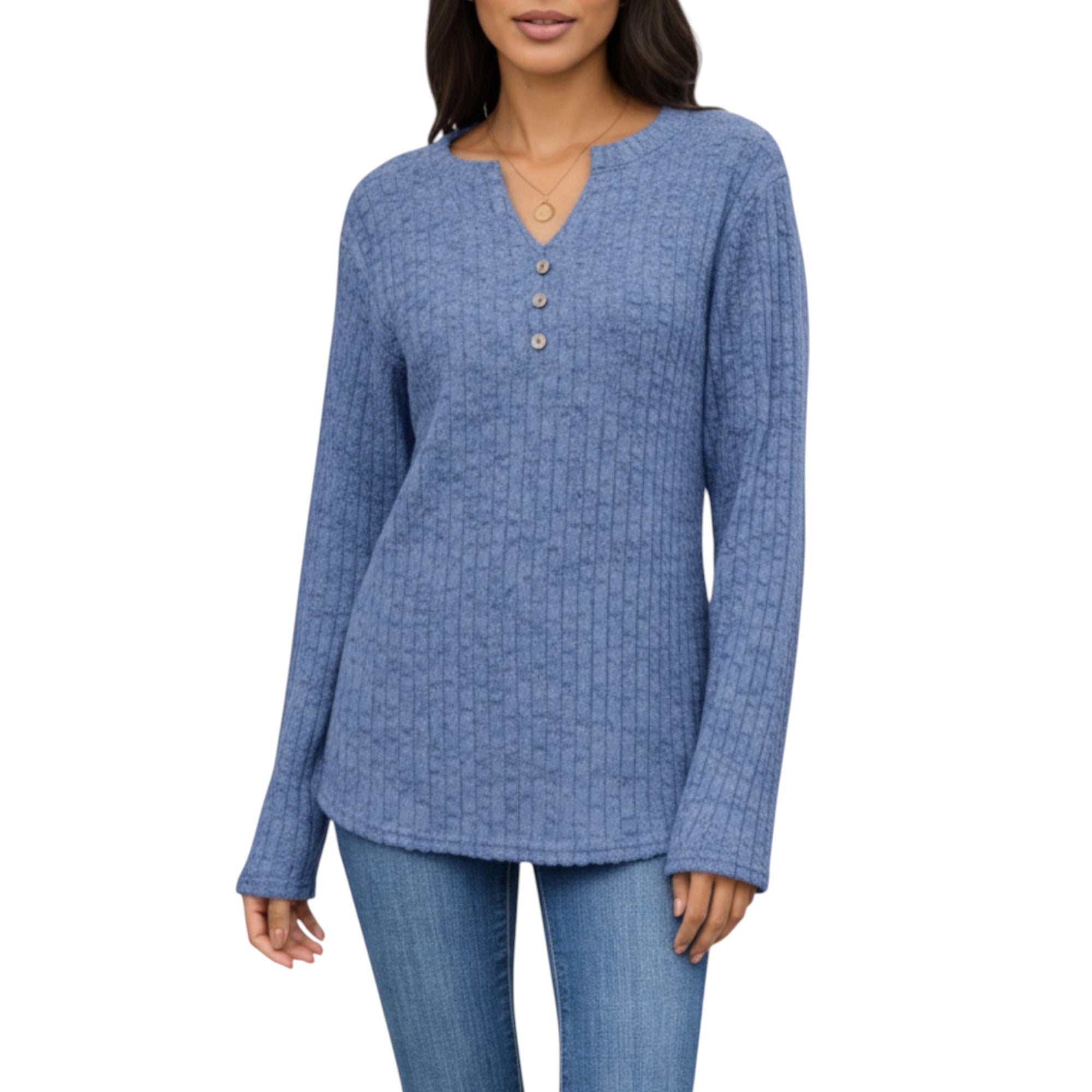 Anna-Kaci Women's Long Sleeve Ribbed Knit Top with Button Front Detail and Curved Hem