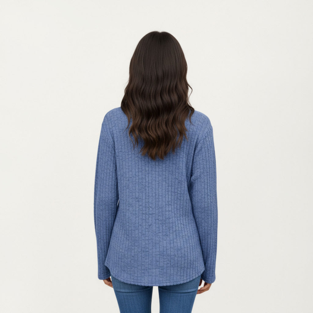 Anna-Kaci Women's Long Sleeve Ribbed Knit Top with Button Front Detail and Curved Hem