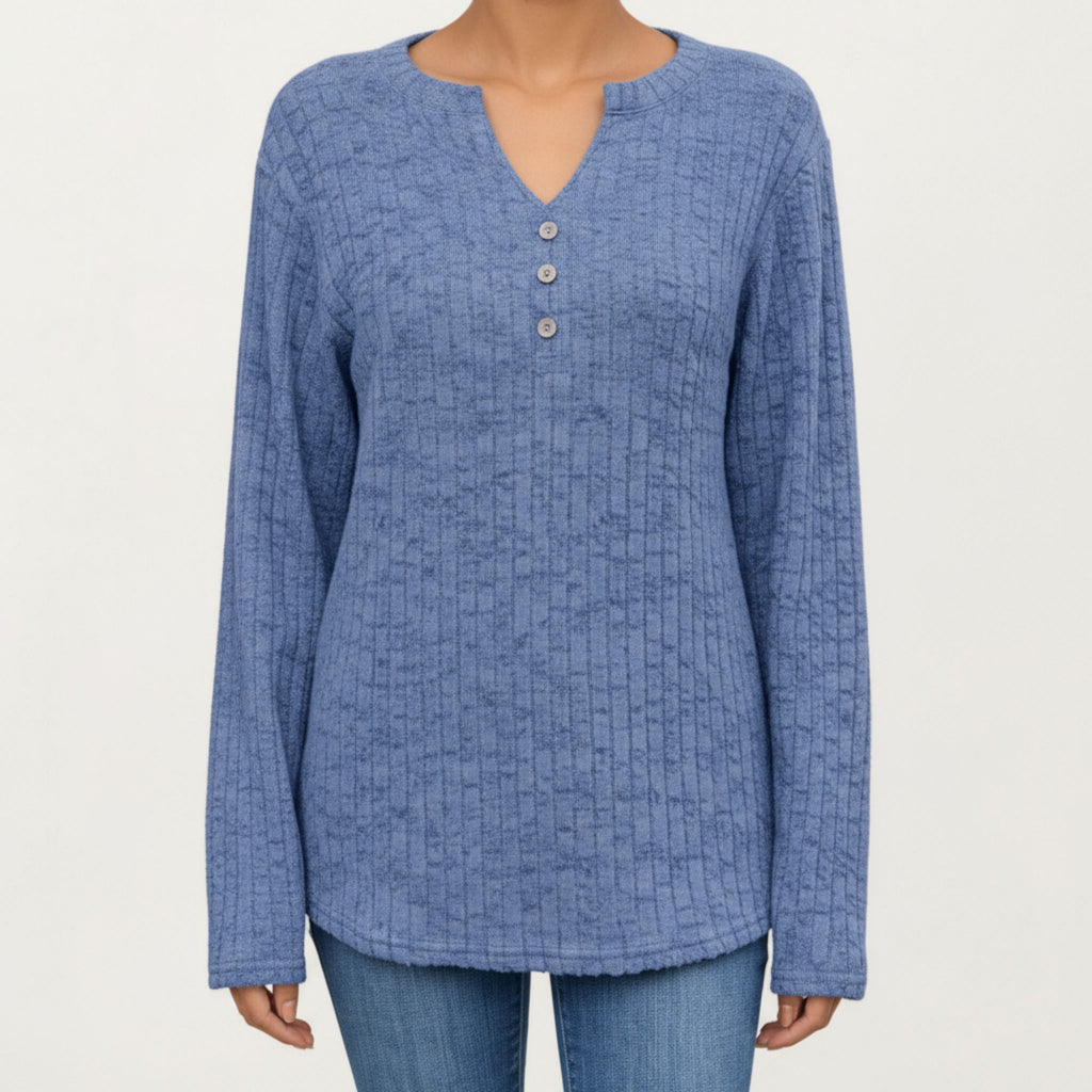 Anna-Kaci Women's Long Sleeve Ribbed Knit Top with Button Front Detail and Curved Hem