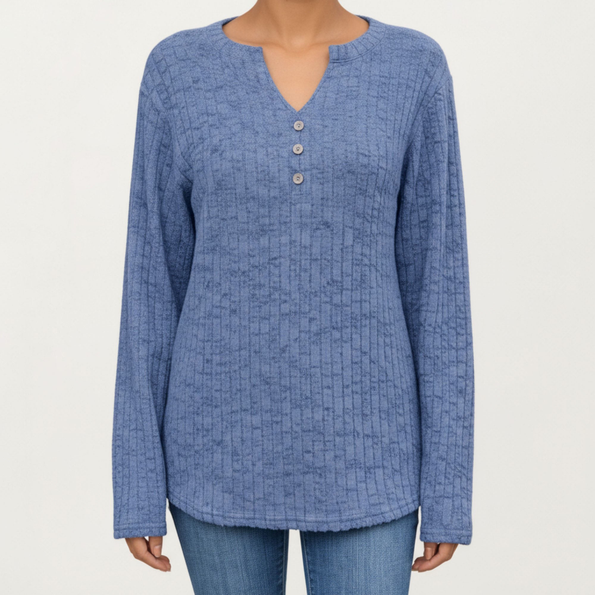 Anna-Kaci Women's Long Sleeve Ribbed Knit Top with Button Front Detail and Curved Hem