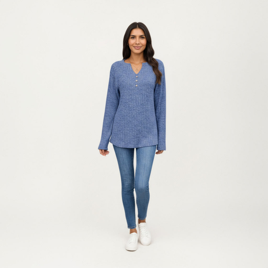 Anna-Kaci Women's Long Sleeve Ribbed Knit Top with Button Front Detail and Curved Hem