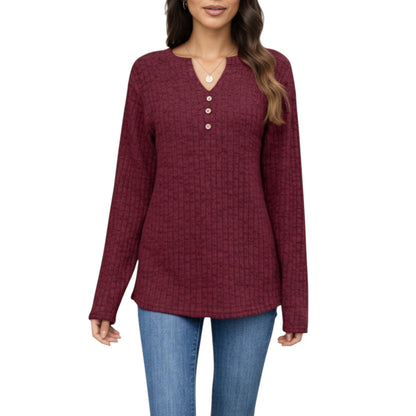 Anna-Kaci Women's Long Sleeve Ribbed Knit Top with Button Front Detail and Curved Hem