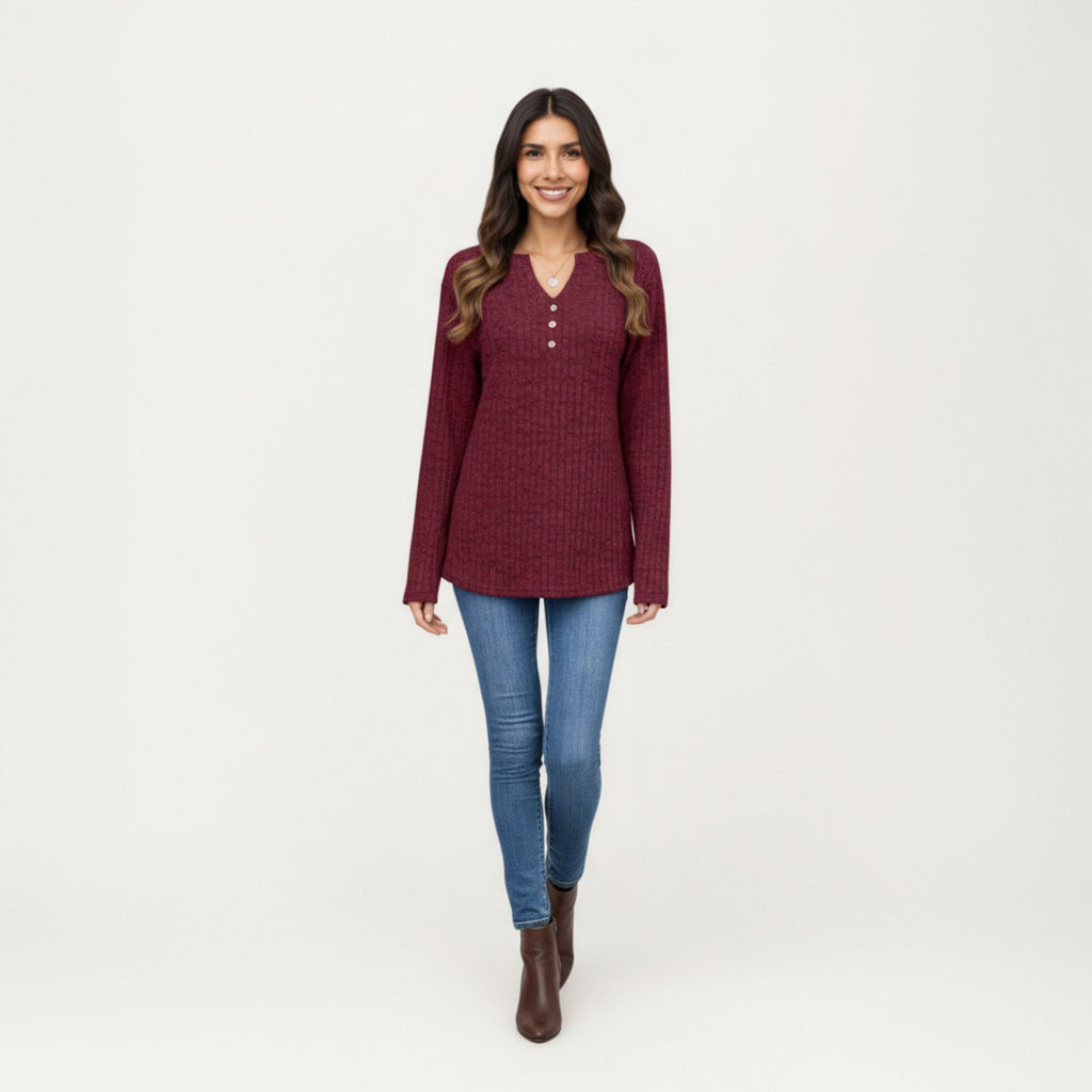 Anna-Kaci Women's Long Sleeve Ribbed Knit Top with Button Front Detail and Curved Hem