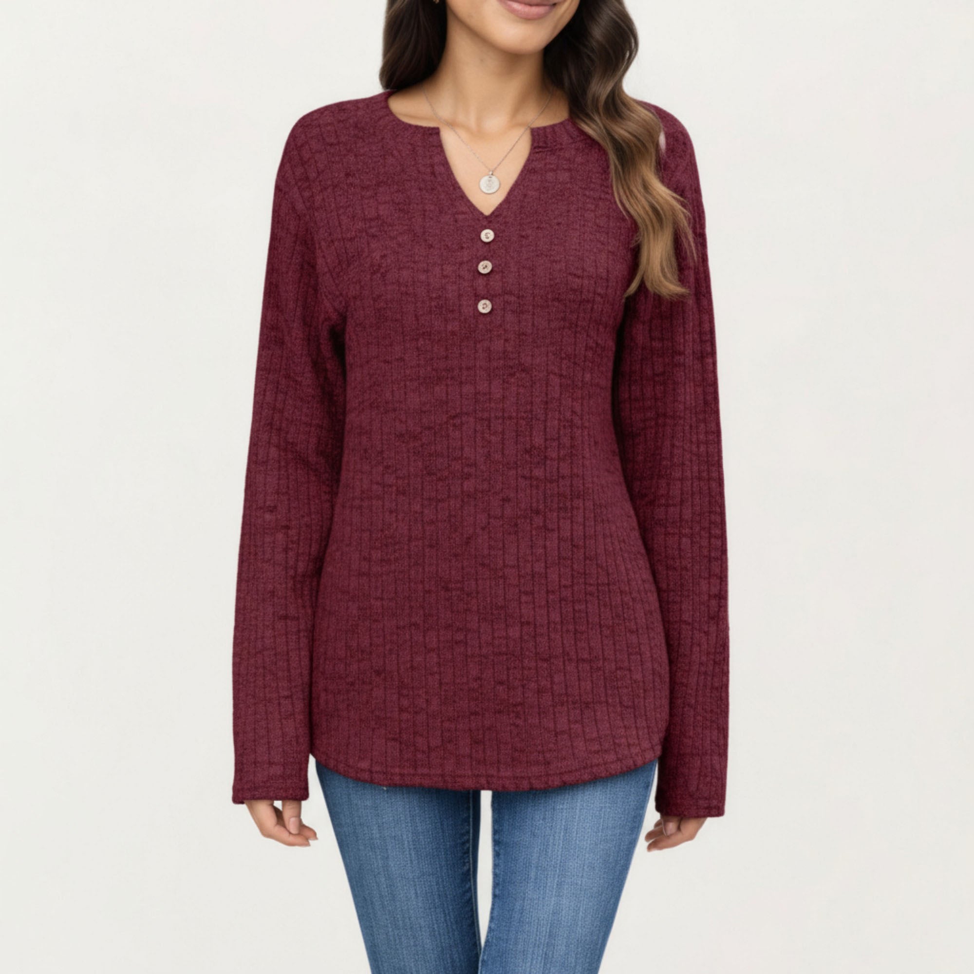 Anna-Kaci Women's Long Sleeve Ribbed Knit Top with Button Front Detail and Curved Hem
