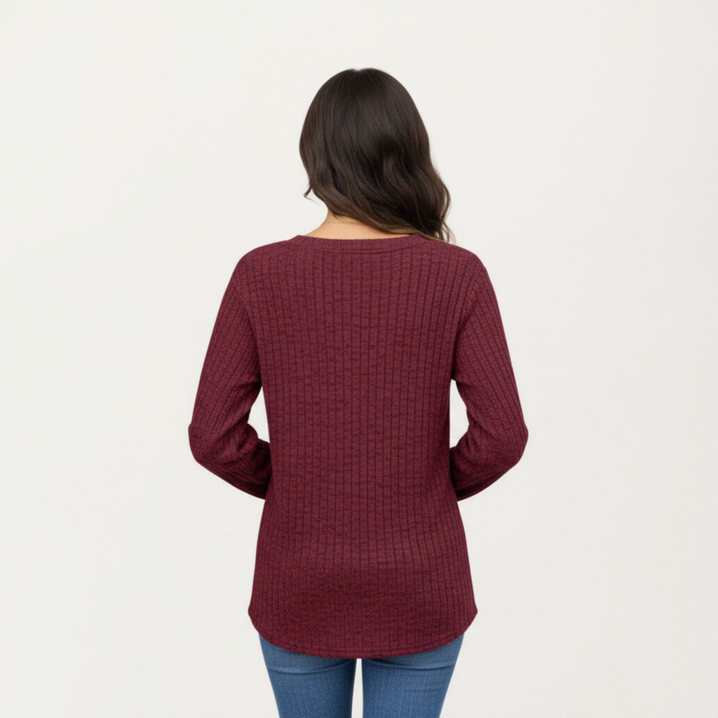 Anna-Kaci Women's Long Sleeve Ribbed Knit Top with Button Front Detail and Curved Hem