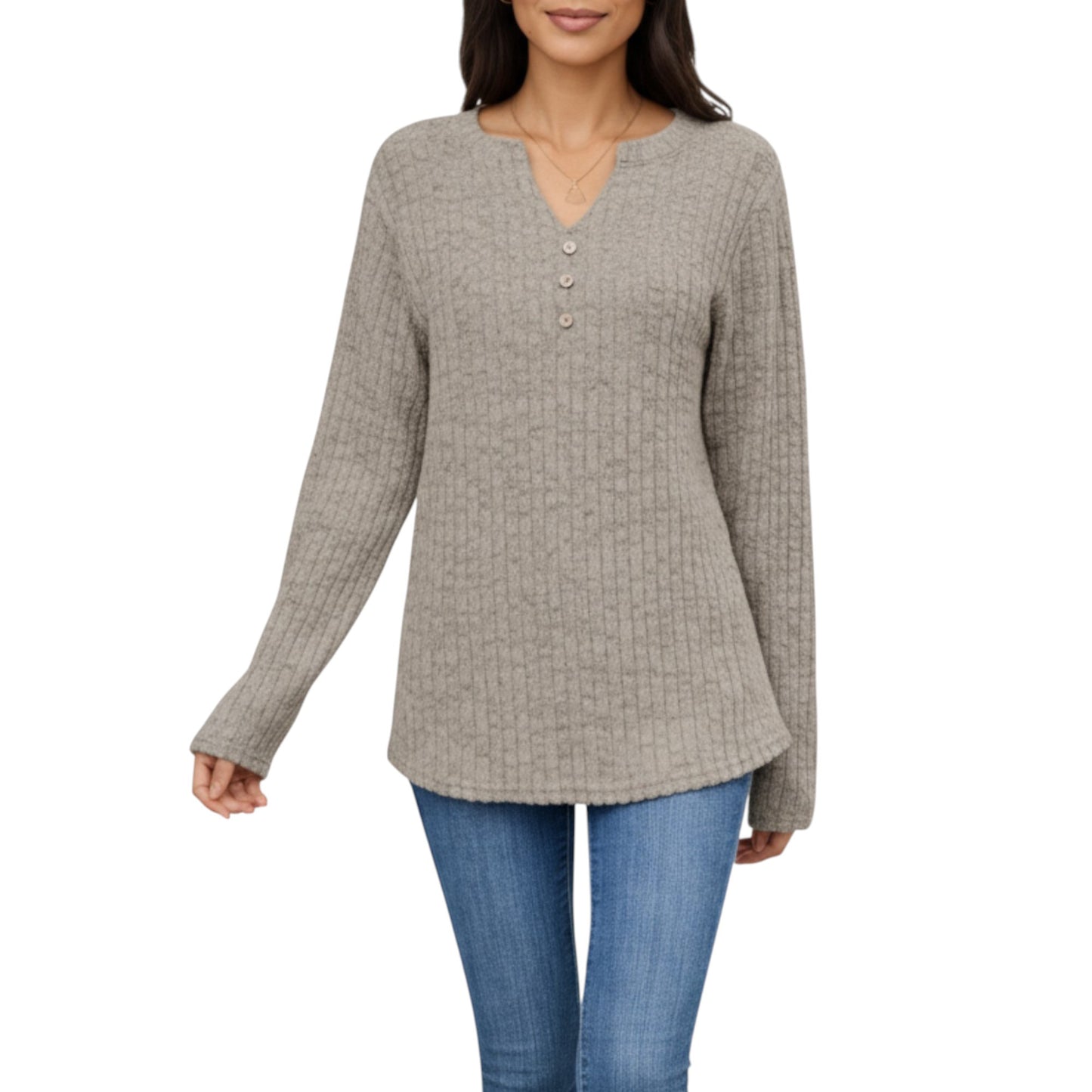 Anna-Kaci Women's Long Sleeve Ribbed Knit Top with Button Front Detail and Curved Hem