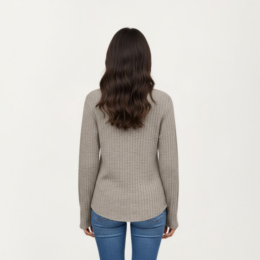 Anna-Kaci Women's Long Sleeve Ribbed Knit Top with Button Front Detail and Curved Hem