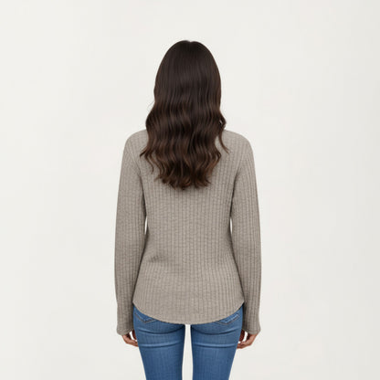 Anna-Kaci Women's Long Sleeve Ribbed Knit Top with Button Front Detail and Curved Hem