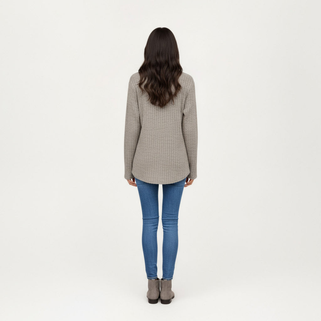 Anna-Kaci Women's Long Sleeve Ribbed Knit Top with Button Front Detail and Curved Hem
