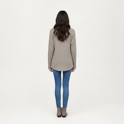 Anna-Kaci Women's Long Sleeve Ribbed Knit Top with Button Front Detail and Curved Hem