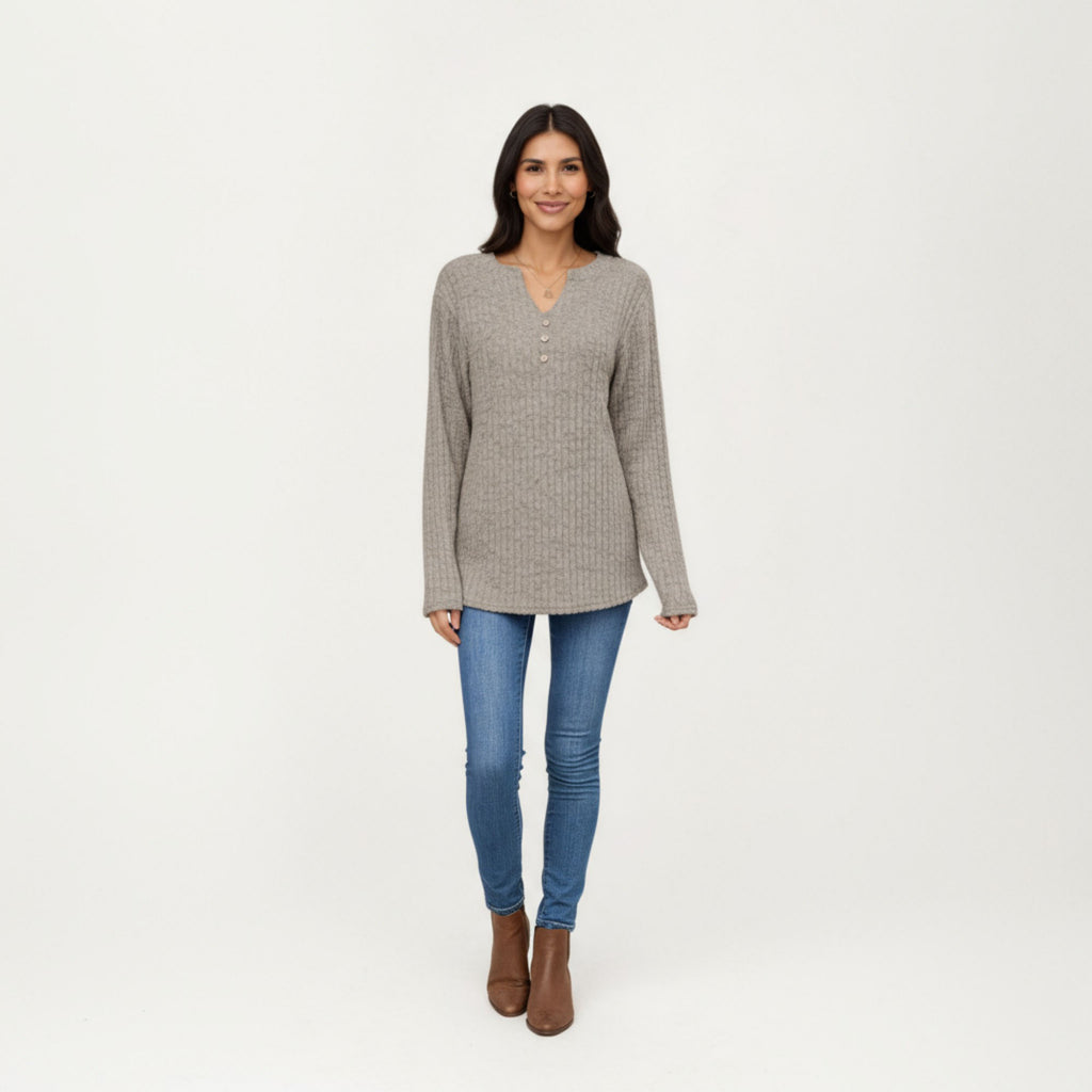 Anna-Kaci Women's Long Sleeve Ribbed Knit Top with Button Front Detail and Curved Hem