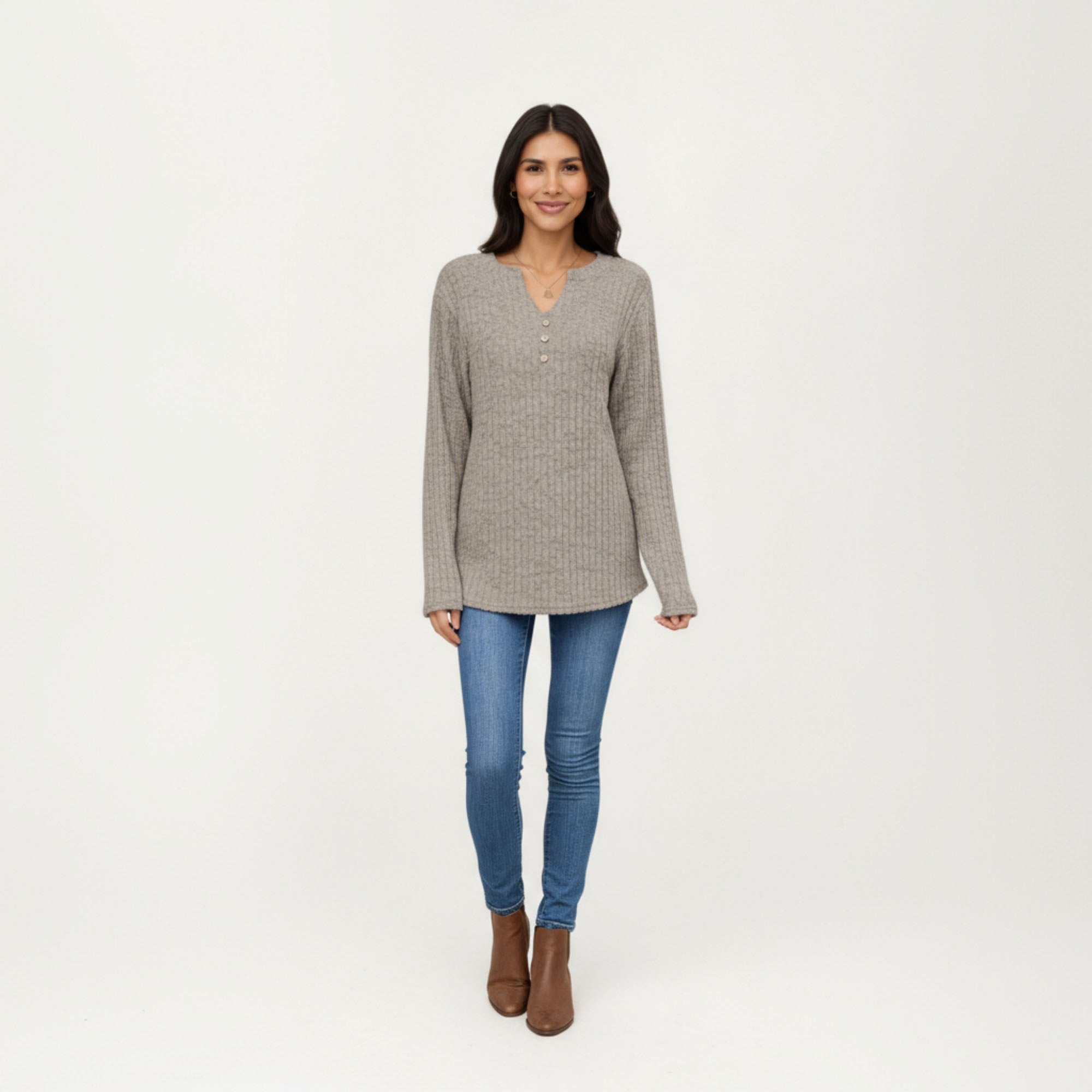 Anna-Kaci Women's Long Sleeve Ribbed Knit Top with Button Front Detail and Curved Hem