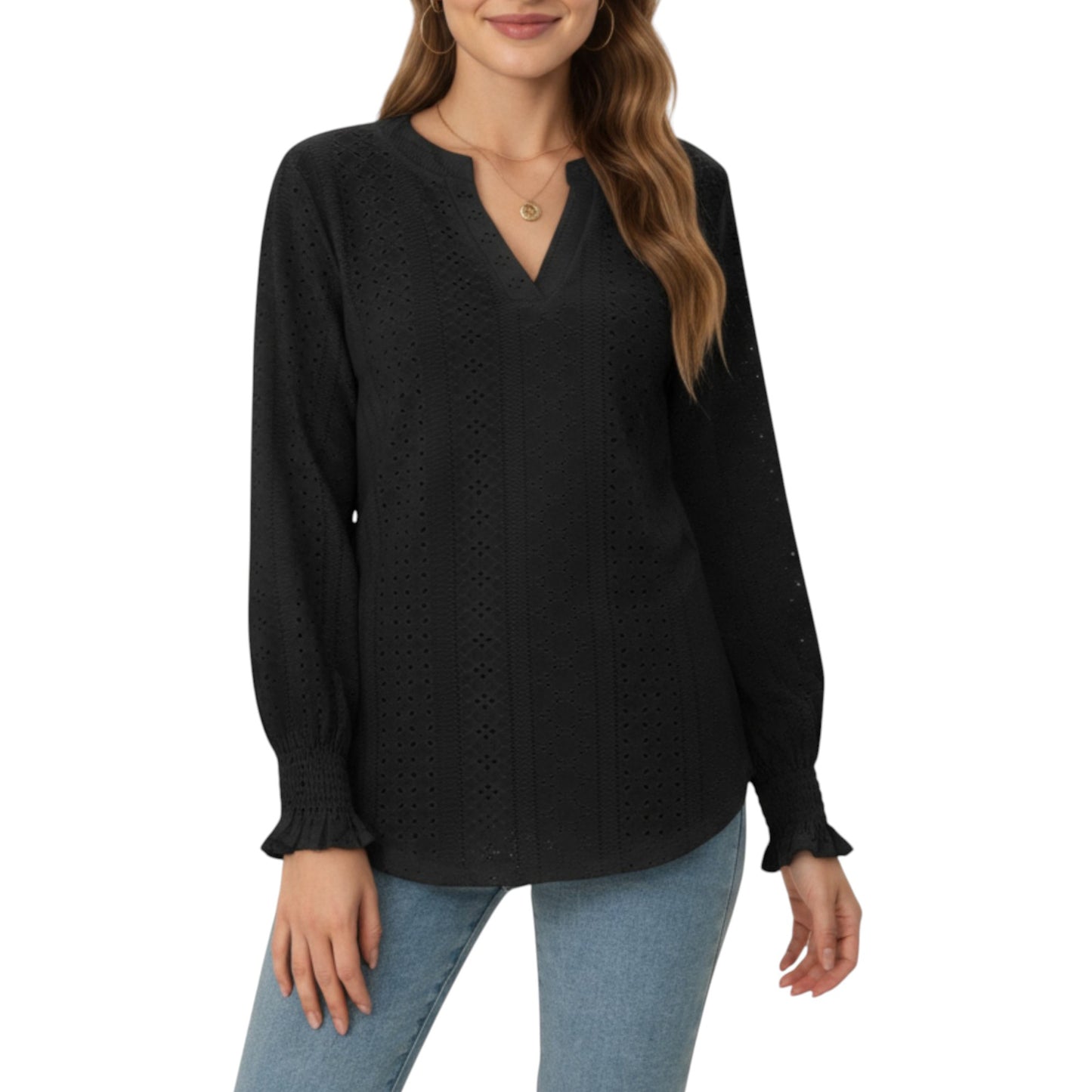Anna-Kaci Women's Long Sleeve Eyelet Embroidered Top with V-Neckline and Ruffle Cuffs