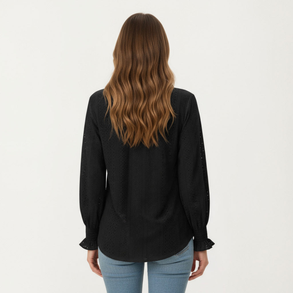 Anna-Kaci Women's Long Sleeve Eyelet Embroidered Top with V-Neckline and Ruffle Cuffs