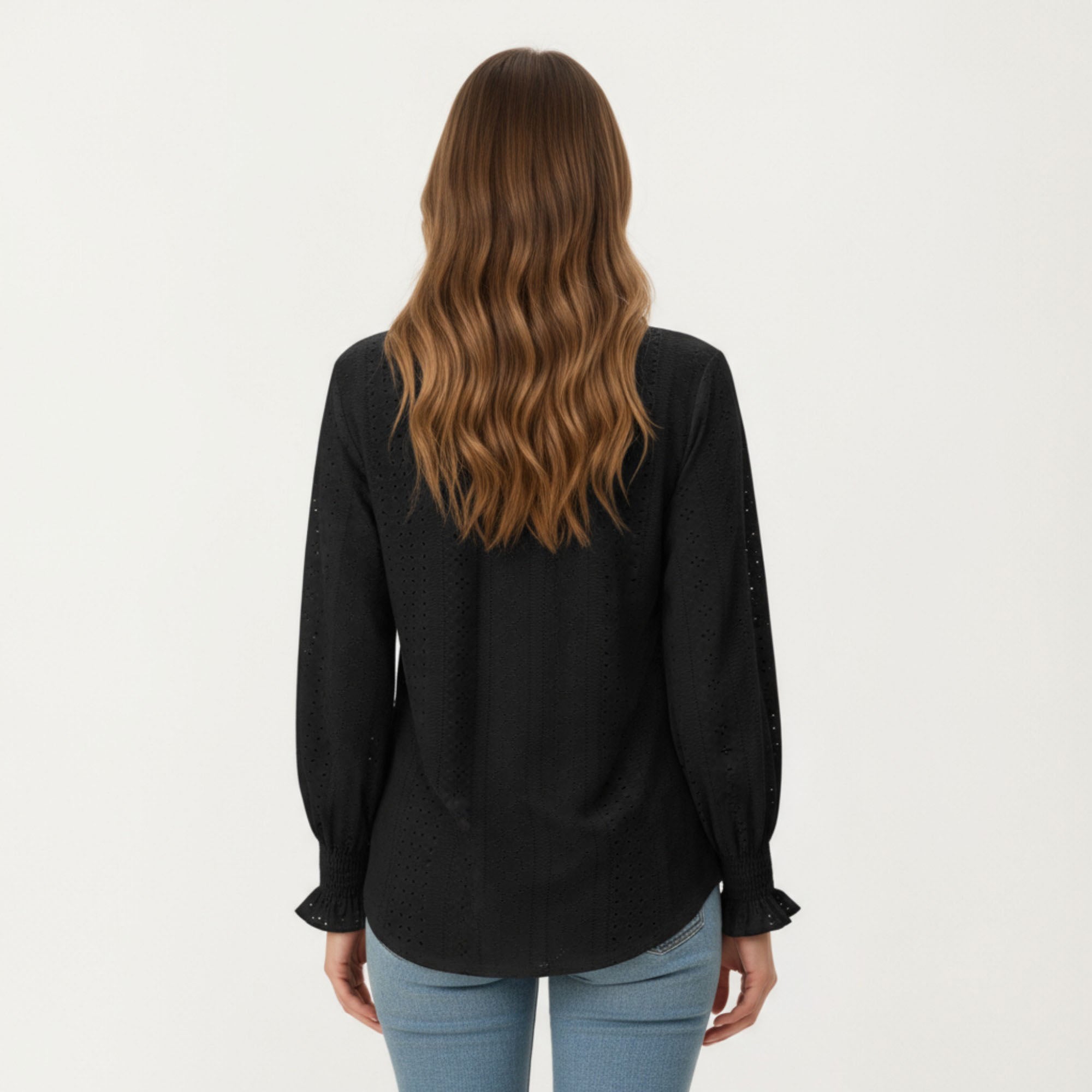 Anna-Kaci Women's Long Sleeve Eyelet Embroidered Top with V-Neckline and Ruffle Cuffs